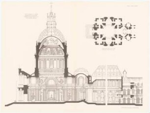 Invalidendom, Paris: Querschnitt, Grundriss (aus: Baukunst d. Renaissance in Frankreich, hrsg. v. Zeichenaussch. d. Stud. d. TH Berlin, 1875)