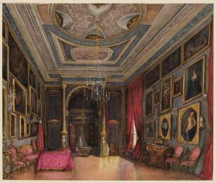 Der Salon der Herzogin von Berry im Palazzo Vendramini in Venedig mit zahlreichen Gemälden an den Wänden