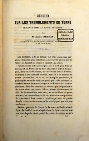 Mémoire sur les tremblements de terre ressentis dans le bassin du Rhone