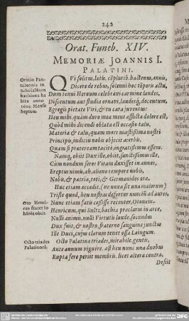 Orat. Funeb. XIV. Memoriae Joannis I. Palatini