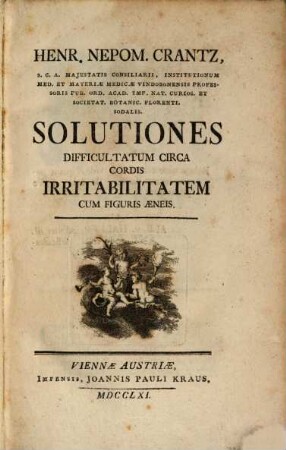 Henr. Nepom. Crantz, S. C. A. Majestatis Consilarii, ... Solutiones Difficultatum Circa Cordis Irritabilitatem : Cum Figuris Æneis