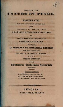 Nonnulla De Cancro Et Fungo : Dissertatio Inauguralis Medico-Chirurgica ...