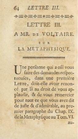 Lettre III. A Mr. De Voltaire. Sur La Metaphysique.