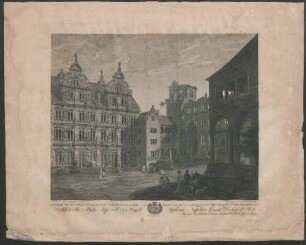 Premiere vue du château de Heidelberg dans l'interieur de la cour - Erste Ansicht des Heidelberger Schlosses vom Innern des Hofes aus