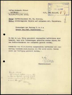 Brief; Lgkdo Südost I Bild an Kommandant der Festung Kreta