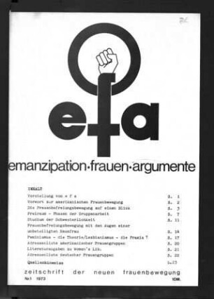 Cover der ersten Ausgabe feministischen Zeitschrift efa (Heft 1, 1973)