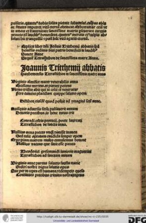 Joannis Tritthemii, abbatis Spanhemensis, Tetrastichon de sanctissima matre Anna.