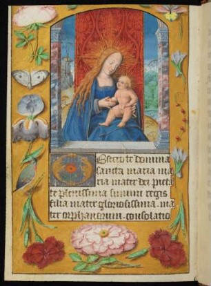 Miniatur (thronende Maria mit Kind) mit Streumusterbordüre