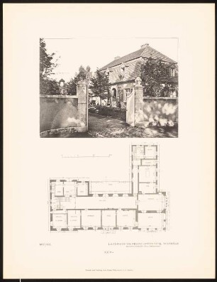 Landhaus Dr. Franz Oppenheim, Berlin-Wannsee: Ansicht des Gartentores mit dem Pförtnerhaus und dem Grundriss des Haupthauses (aus: Alfred Messel, 1912)