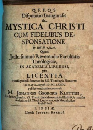 Disp. inaug. de mystica Christi cum fidelibus desponsatione, ex Hos. II, 19. 20.
