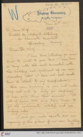 Briefe von Frank Lawton Wadsworth an Max Wolf: Brief von Frank Lawton Wadsworth von Allegheny Observatory an Max Wolf