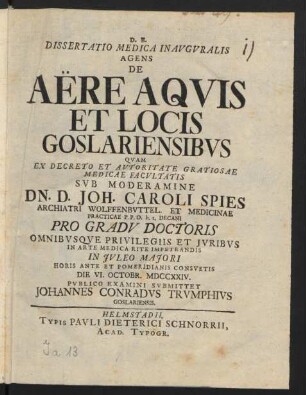 Dissertatio Medica Inauguralis Agens De Aëre Aquis Et Locis Goslariensibus