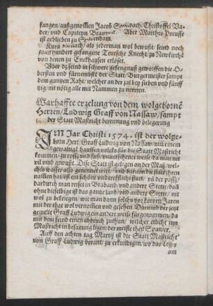 Warhaffte erzelung von dem wolgebornen Herren/ Ludwig Graff von Nassaw/ sampt der Statt Mastricht berennung und belegerung
