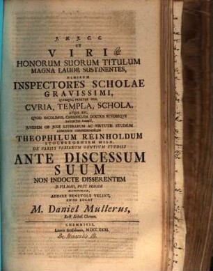 Ut Viri honorum suorum titulum ... sustinentes ... Theophilum Reinholdum de variis variarum gentium studiis ... disserentem d. VII. Maii ... audire benevole velint ... rogat M. Daniel Müllerus : [atque de miraculis disserere pergit]