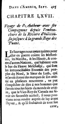 Voyage de l`Autheur avec ses compagnons depuis l`embouchure de la Riviere d`Ouisconsin jusques à la grande Baye des Puans.