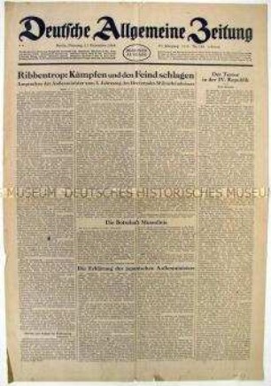 Titelblatt der Tageszeitung "Deutsche Allgemeine Zeitung" u.a. zu einer Konferenz führender Vertreter der Achsenmächte