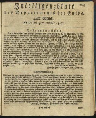 44tes Stück. Cassel den 31ten October 1808