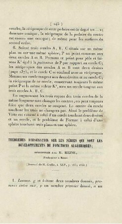 Théorème d´eisenstein sur les séries qui sont les développements de fonctions algélbriques.