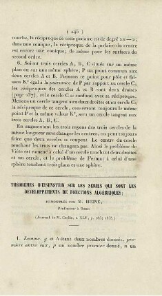 Théorème d´eisenstein sur les séries qui sont les développements de fonctions algélbriques.