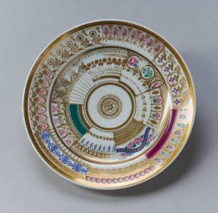 Teller mit mehrfarbigen und goldenen Borten