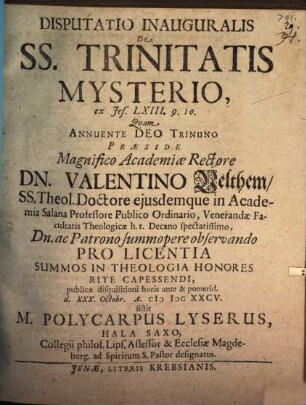 Disp. inaug. de ss. trinitatis mysterio ...