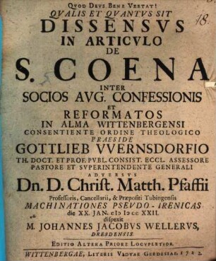 Qualis et quantus sit dissensus in art. de s. coena inter socios Aug. Conf. et reformatos ... dispiciet