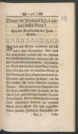 Ob man die Zeit seines Todes voraus wissen könne? Bey der Beerdigung der Frau Kochin