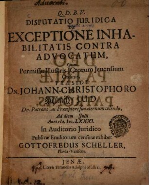 Disputatio Iuridica De Exceptione Inhabilitatis Contra Advocatum