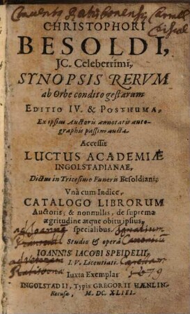Christophori Besoldi ... Synopsis Rervm ab Orbe condito gestarum