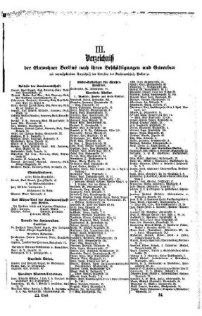 III. Verzeichniß der Einwohner Berlins nach ihren Beschäftigungen und Gewerben