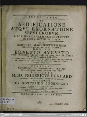Dissertatio De Aedificatione Atque Exornatione Sepulcrorum A Scribis Ac Pharisaeis Instituta Ad Locum Matth. XXIII, 29. 30