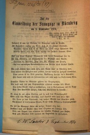 Auf die Einweihung der Synagoge zu Nürnberg am 8. September 1874