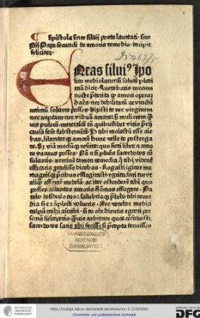 Epistola Enee Silvii poete laureati sive Pii pape secundi de amoris remedio incipit feliciter.