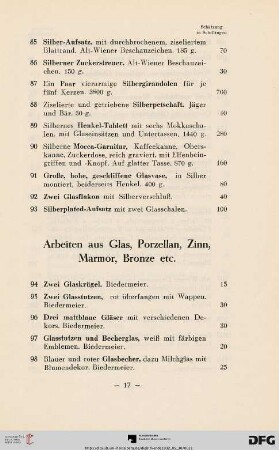 Arbeiten aus Glas, Porzellan, Zinn, Marmor, Bronze etc. (Nr. 94-149)