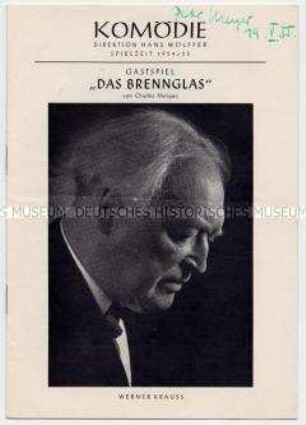Programmheft zur Aufführung des Stückes "Das Brennglas" von Charles Morgan in der Berliner Komödie