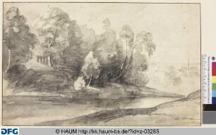 Leichte Anhöhe mit lichtem Laubwald zu einem Fluß hin abfallend, rechts Häuser