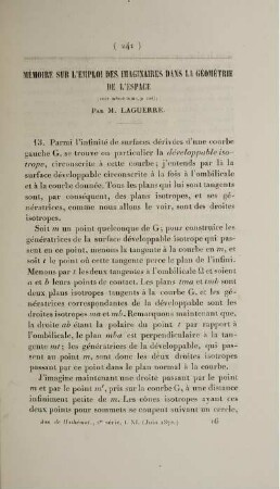Mémoire sur l'emploi des imaginaire dans la géométrie de l'espace.