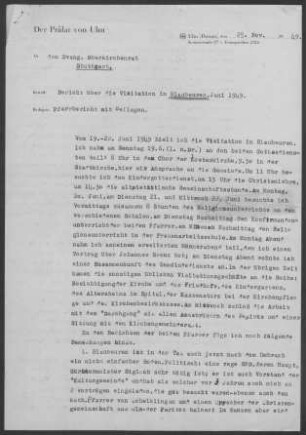 Blaubeuren: Visitationsbericht mit Pfarrbericht 1949