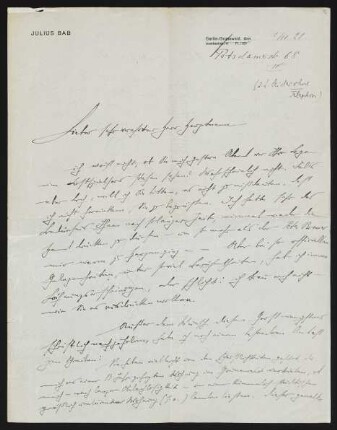Brief von Julius Bab an Gerhart Hauptmann