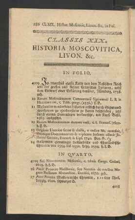 Classis XIX. Historia Moscovitica, Livon. &c.