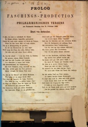 Prolog zur Faschings-Production des Philharmonischen Vereins am Fastnacht-Sonntag den 11. Februar 1866