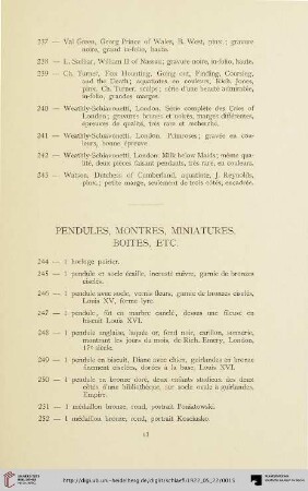 Pendules, montres, miniatures, boites, etc. (Nr. 244-291)