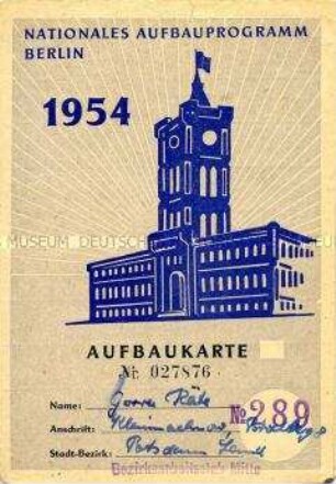 Nachweiskarte des Nationalen Aufbauwerkes über geleistete Arbeitsstunden