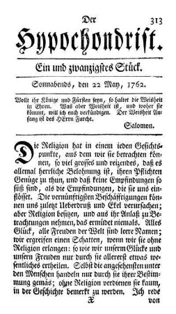Ein und zwanzigstes Stück. Sonnabends, den 22 May, 1762.