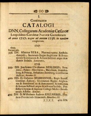 I. Continuatio Catalogi Dnn. Collegarum Academiae Caesareae Leopoldino-Carolinae Naturae Curiosorum