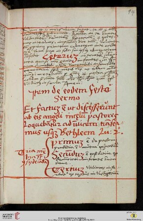Jtem de eodem Festá [!] Sermo [Predigttext, Lc 2,16:]
