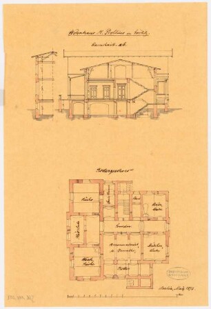 Wohnhaus H. Prollius, Görlitz: Grundriss KG und Querschnitt