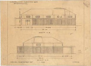 Pfann, Paul; München - Theresienhöhe; Ausstellung München 1908 - Basar - Flügel (Schnitte)