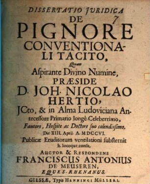 Diss. iur. de pignore conventionali tacito