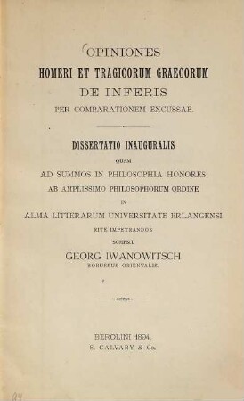 Opiniones Homeri et tragicorum Graecorum de inferis : per comparationem excussae